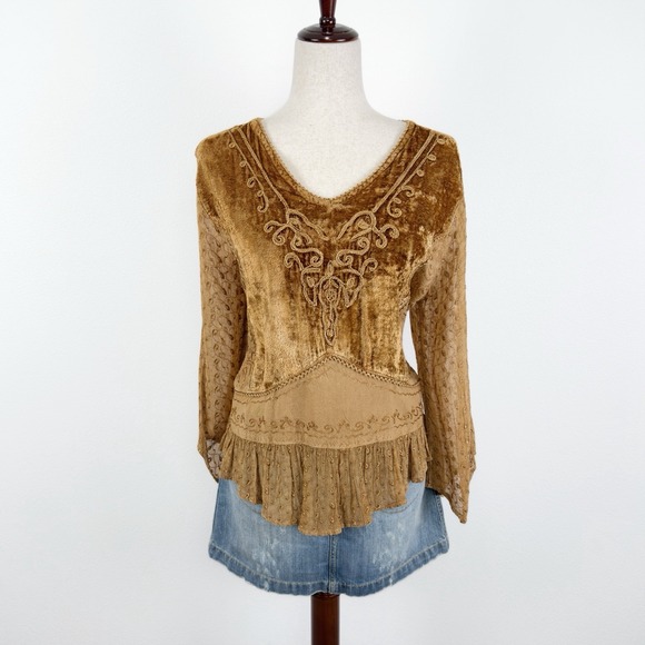 Just Cruising Tops - VTG Just Cruising Top Womens L* Yellow Embroidered Tie Back Hippie Boho Festival